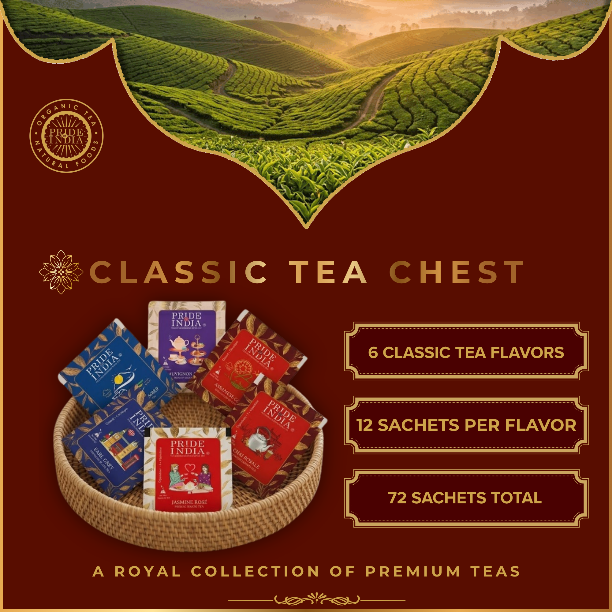 Natural Indian Tea Assortment Chest, 6 Types - 72 Tea Bags