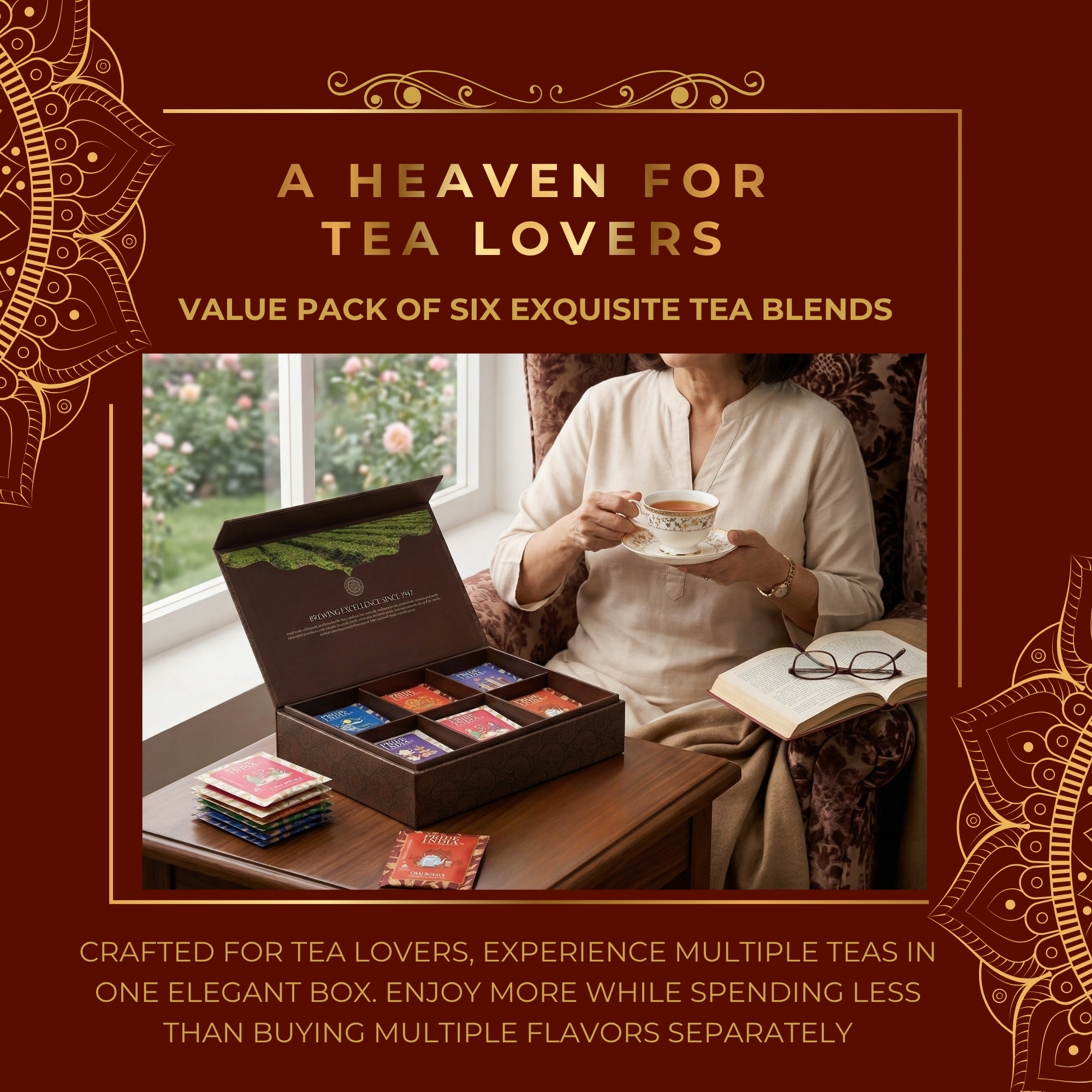 Natural Indian Tea Assortment Chest, 6 Types - 72 Tea Bags